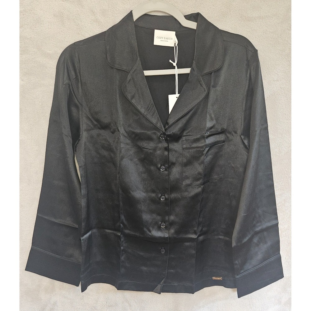 Cozy Earth Serenity Silk Long Sleeve Pajama Top Black 100% Mulberry Luxury NWT